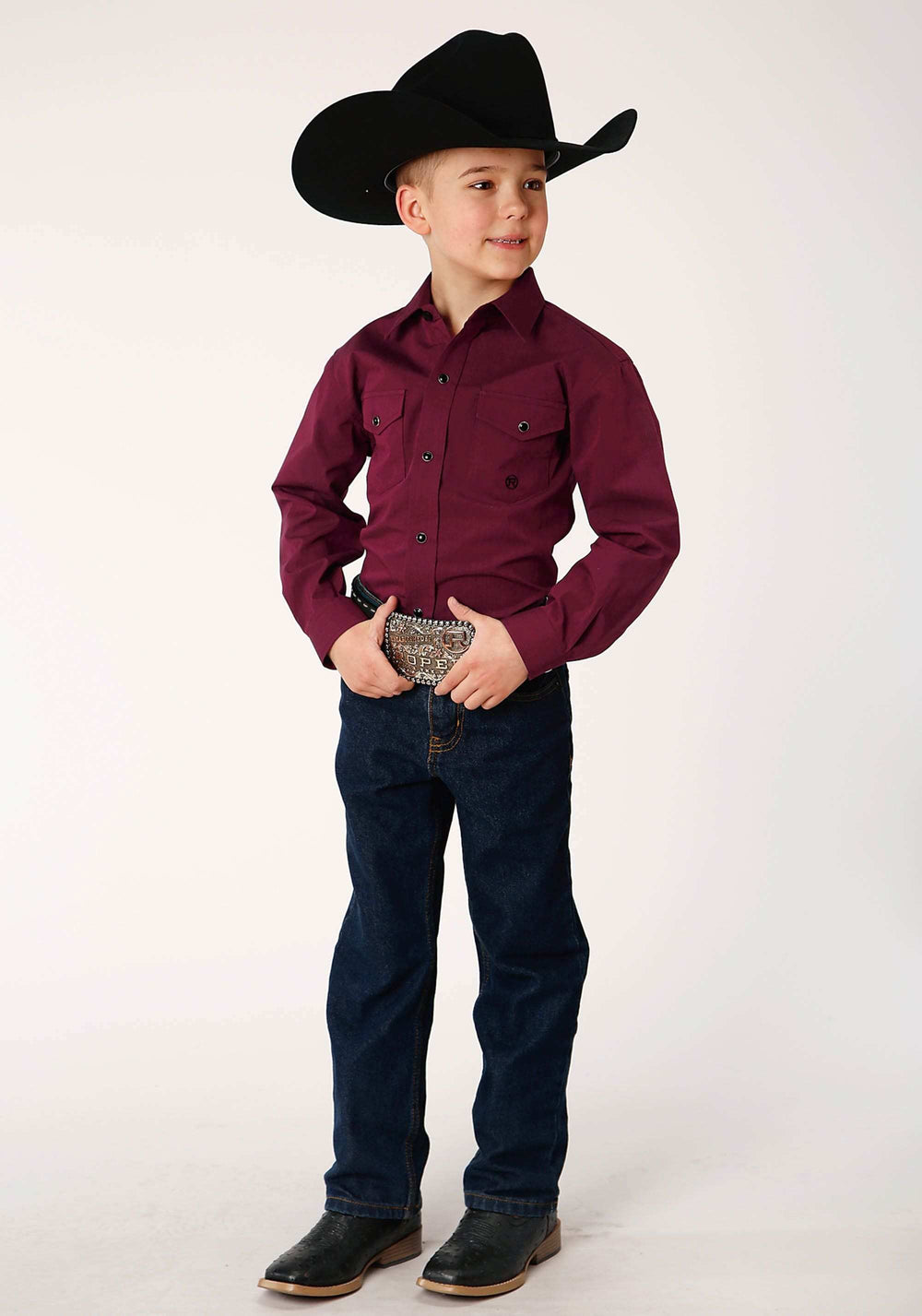 Roper Boys Long Sleeve Snap Black Fill Solid Wine Western Shirt - Roper - Flyclothing LLC