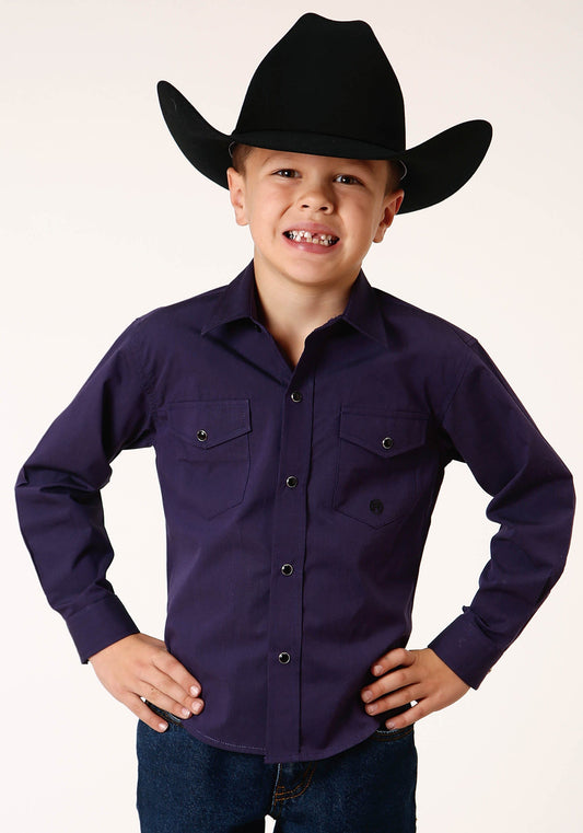 Roper Boys Long Sleeve Snap Solid Black Fill Purple Western Shirt - Roper