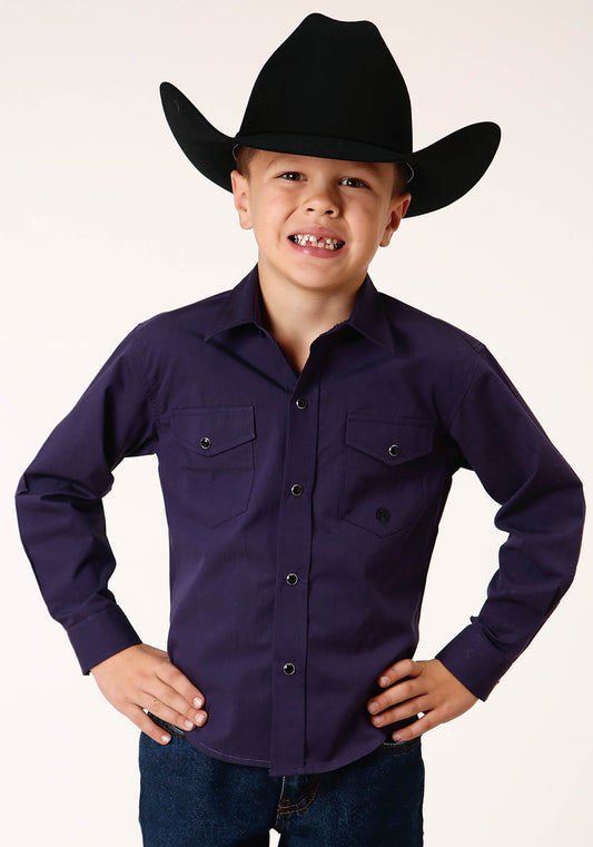 Roper Boys Long Sleeve Snap Solid Black Fill Purple Western Shirt