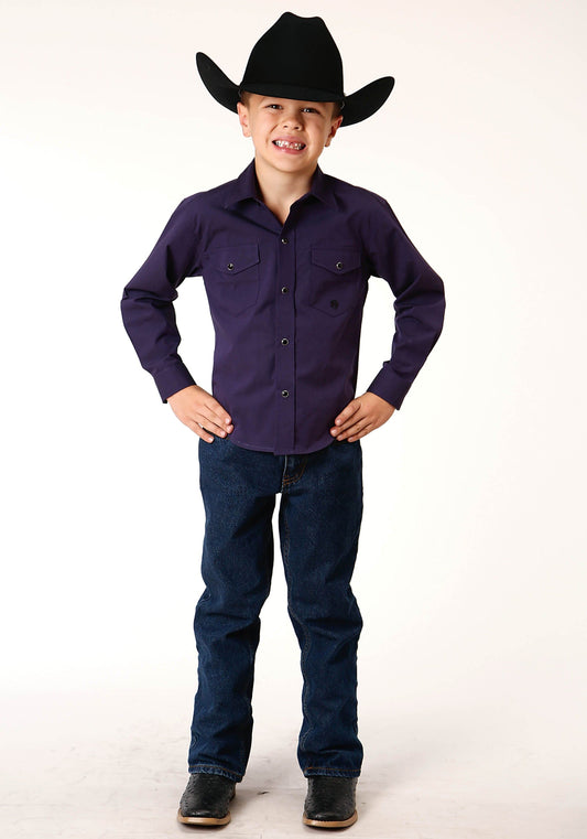 Roper Boys Long Sleeve Snap Solid Black Fill Purple Western Shirt - Roper