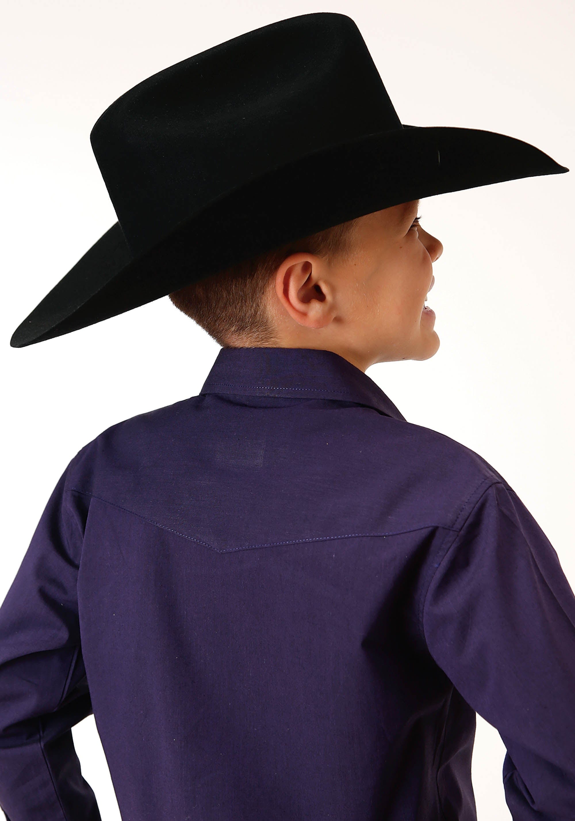 Roper Boys Long Sleeve Snap Solid Black Fill Purple Western Shirt - Roper