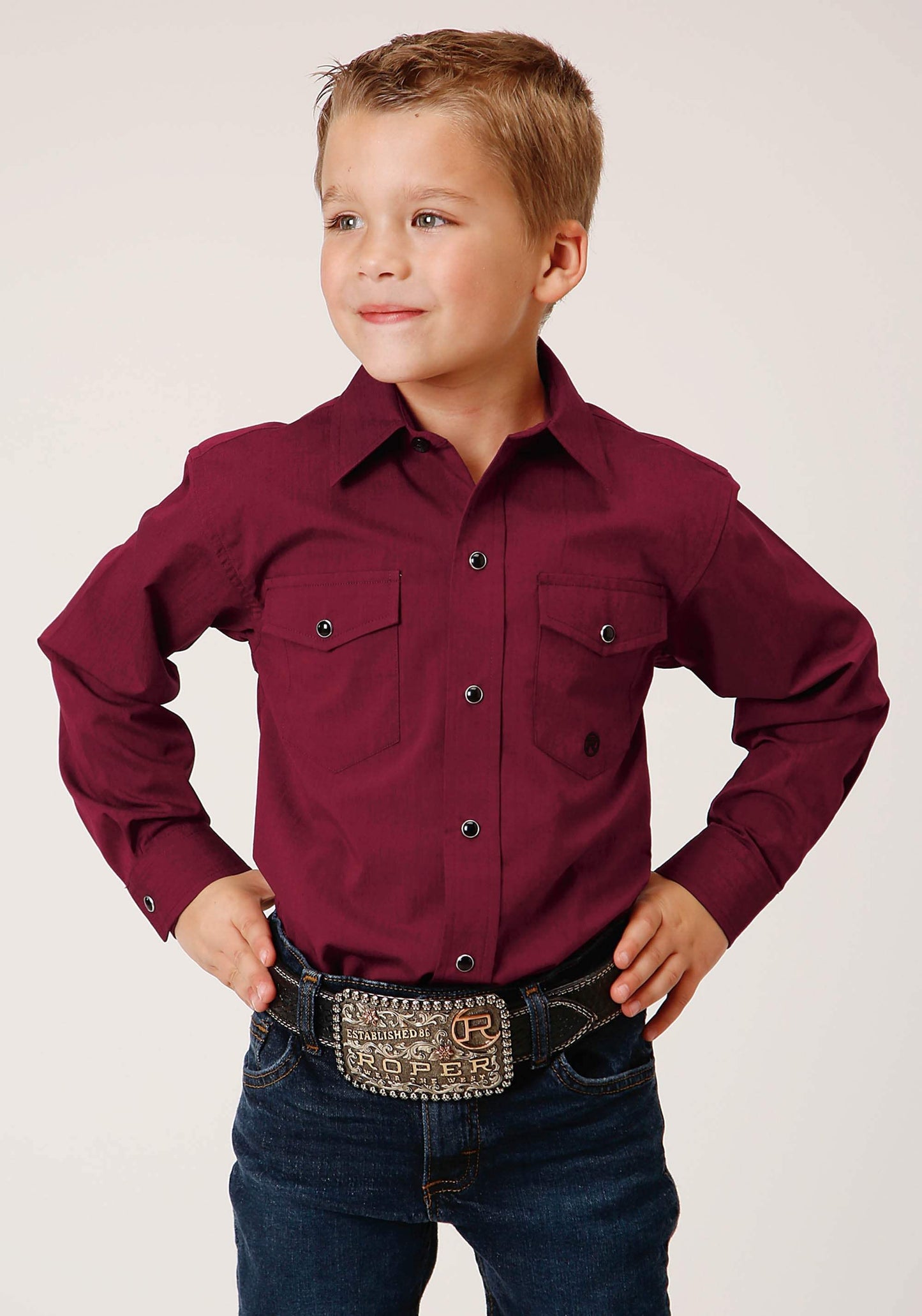 Roper Boys Long Sleeve Snap Black Fill Solid Wine Western Shirt - Roper - Flyclothing LLC