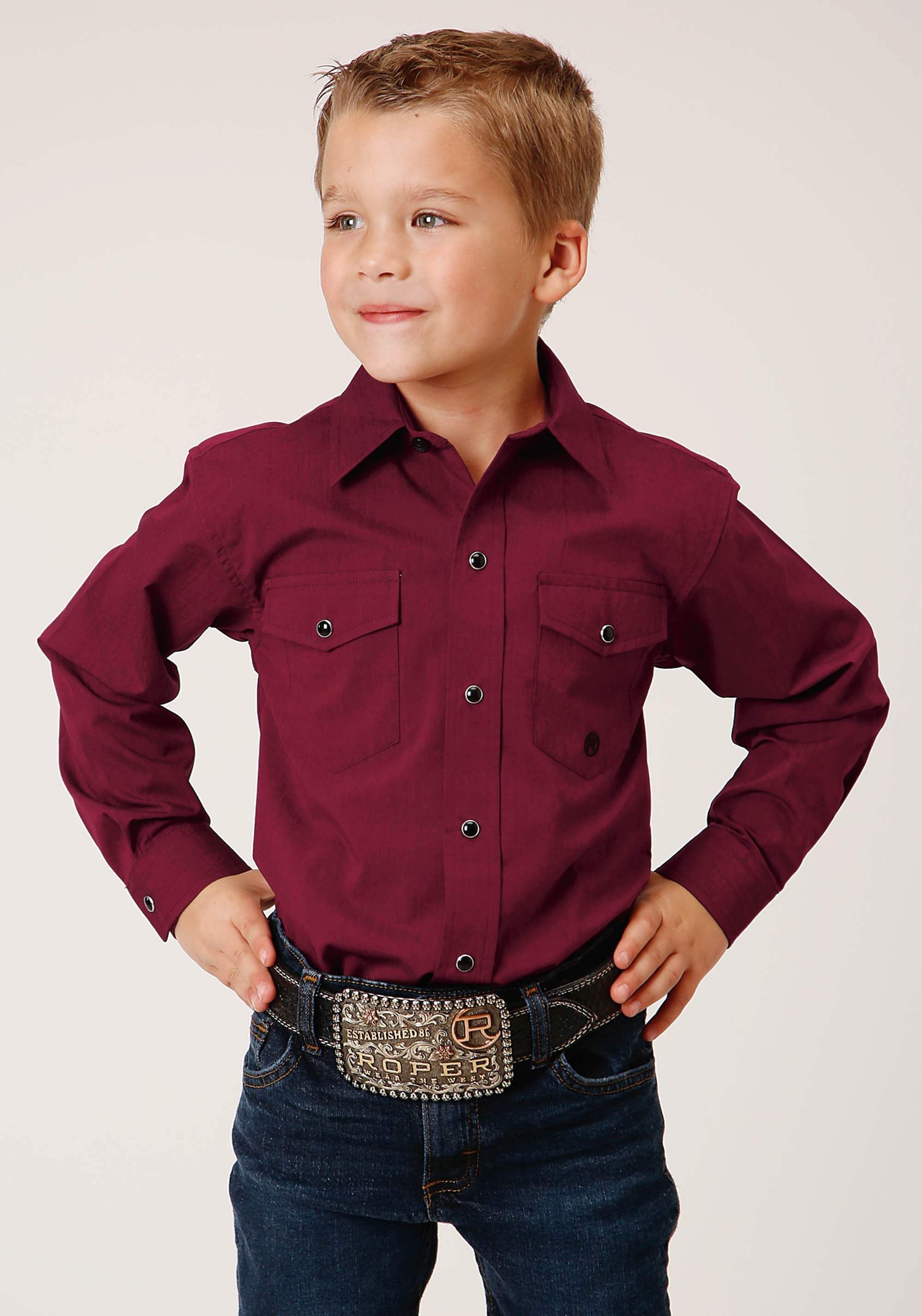 Roper Boys Long Sleeve Snap Black Fill Solid Wine Western Shirt - Roper - Flyclothing LLC