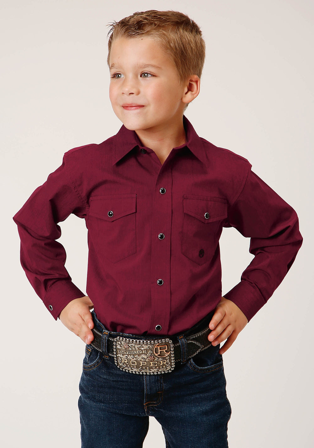 Roper Boys Long Sleeve Snap Black Fill Solid Wine Western Shirt - Roper
