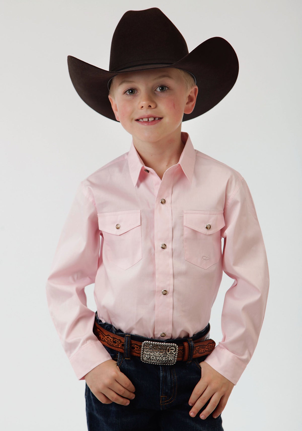 Roper Boys Pink Solid Long Sleeve Western Snap Shirt