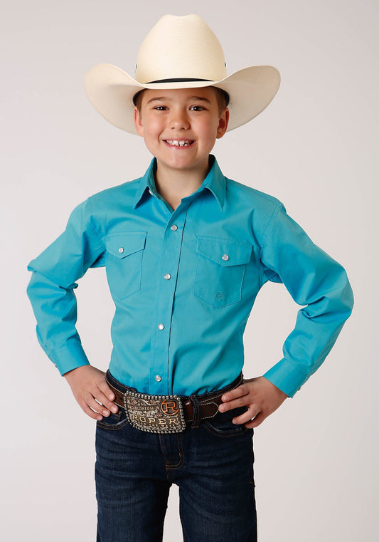 Roper Boys Long Sleeve Snap Stretch Poplin Turquoise Western Shirt - Roper