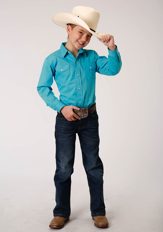 Roper Boys Long Sleeve Snap Stretch Poplin Turquoise Western Shirt - Roper