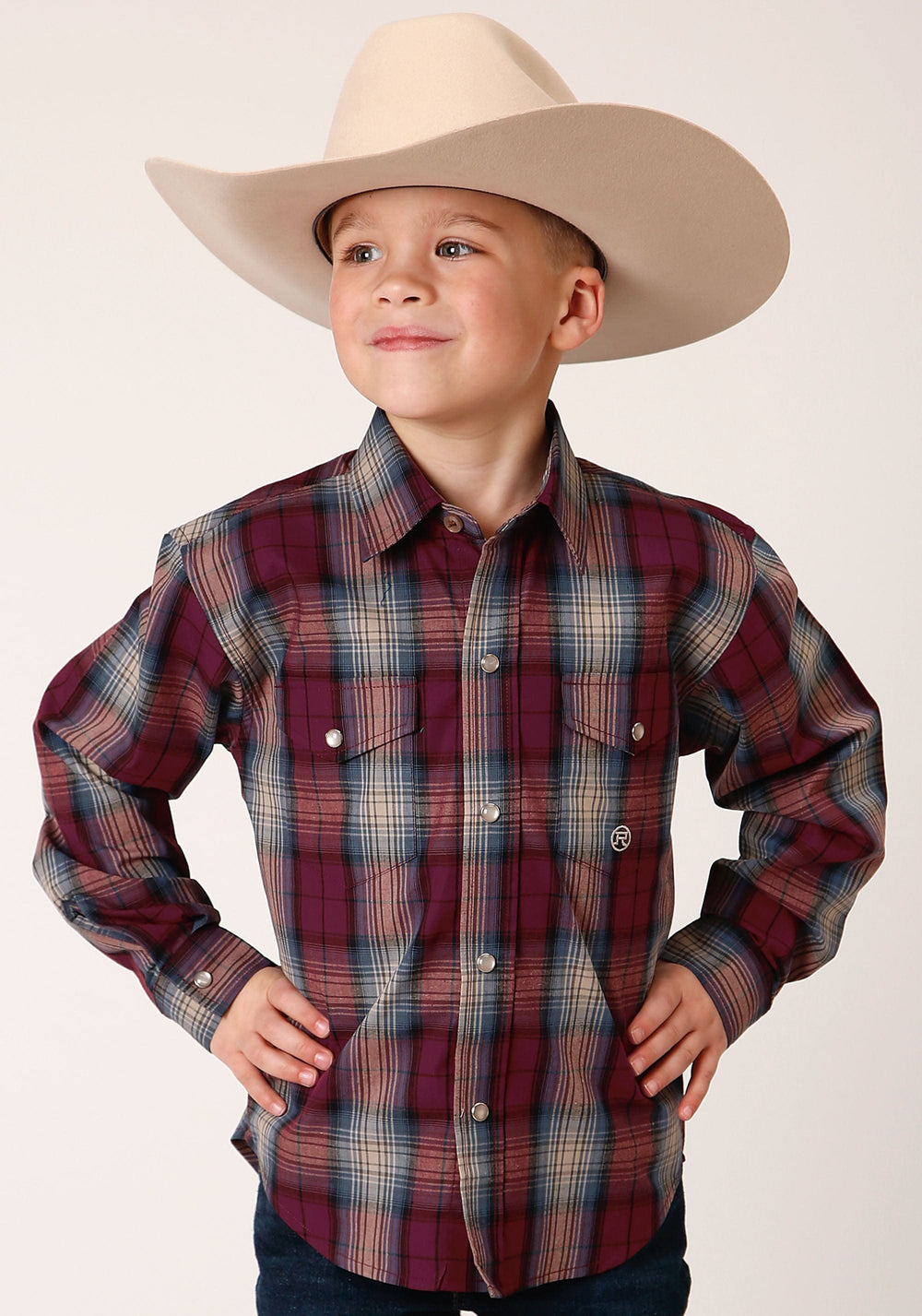 Roper Boys Long Sleeve Snap Wine Plaid Western Shirt - Roper