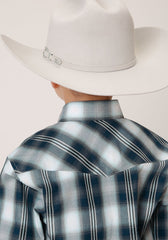Roper Boys Long Sleeve Snap Blue West Plaid Western Shirt - Roper