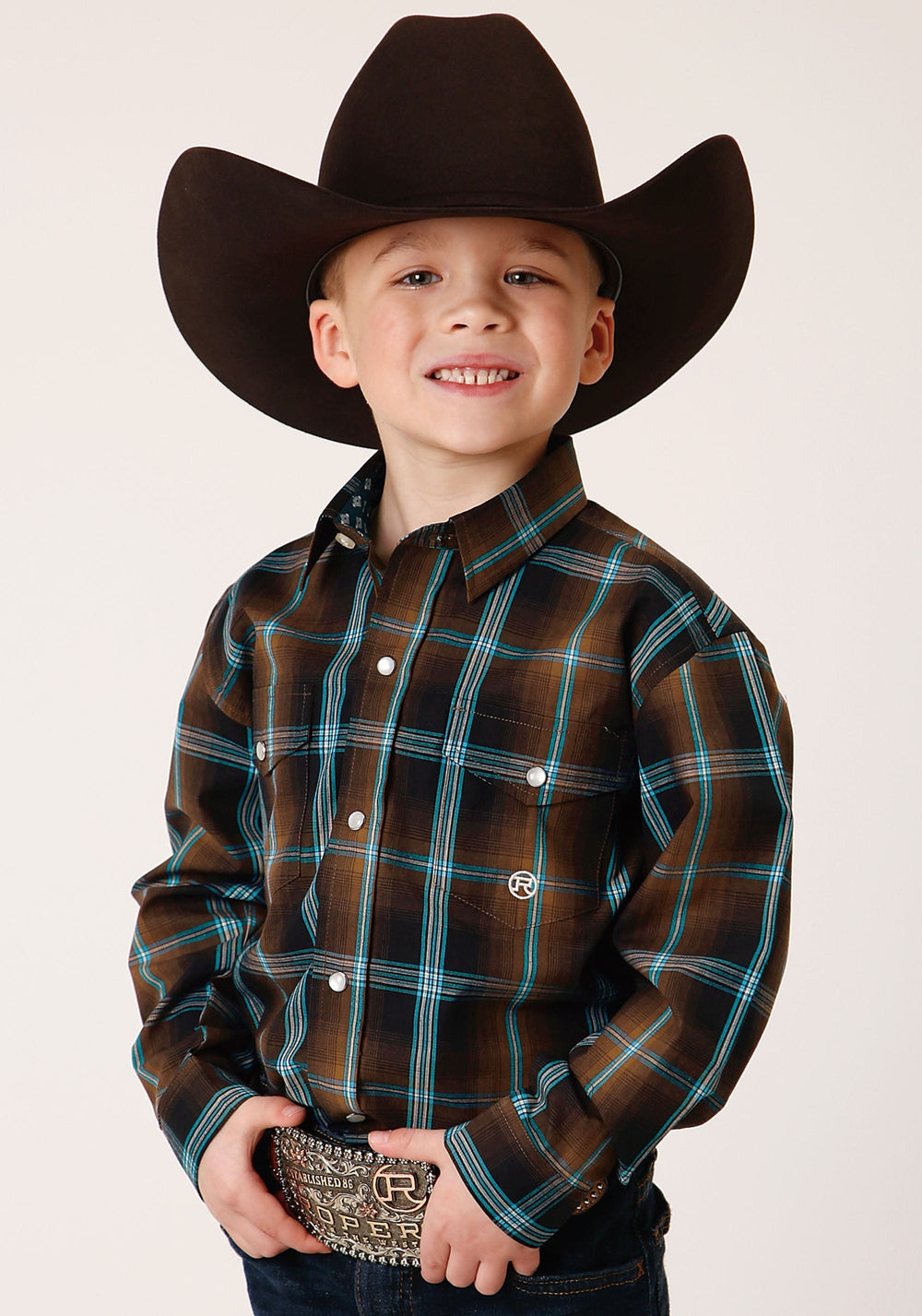 Roper Boys Long Sleeve Snap Dark Chocolate Plaid Western Shirt - Roper