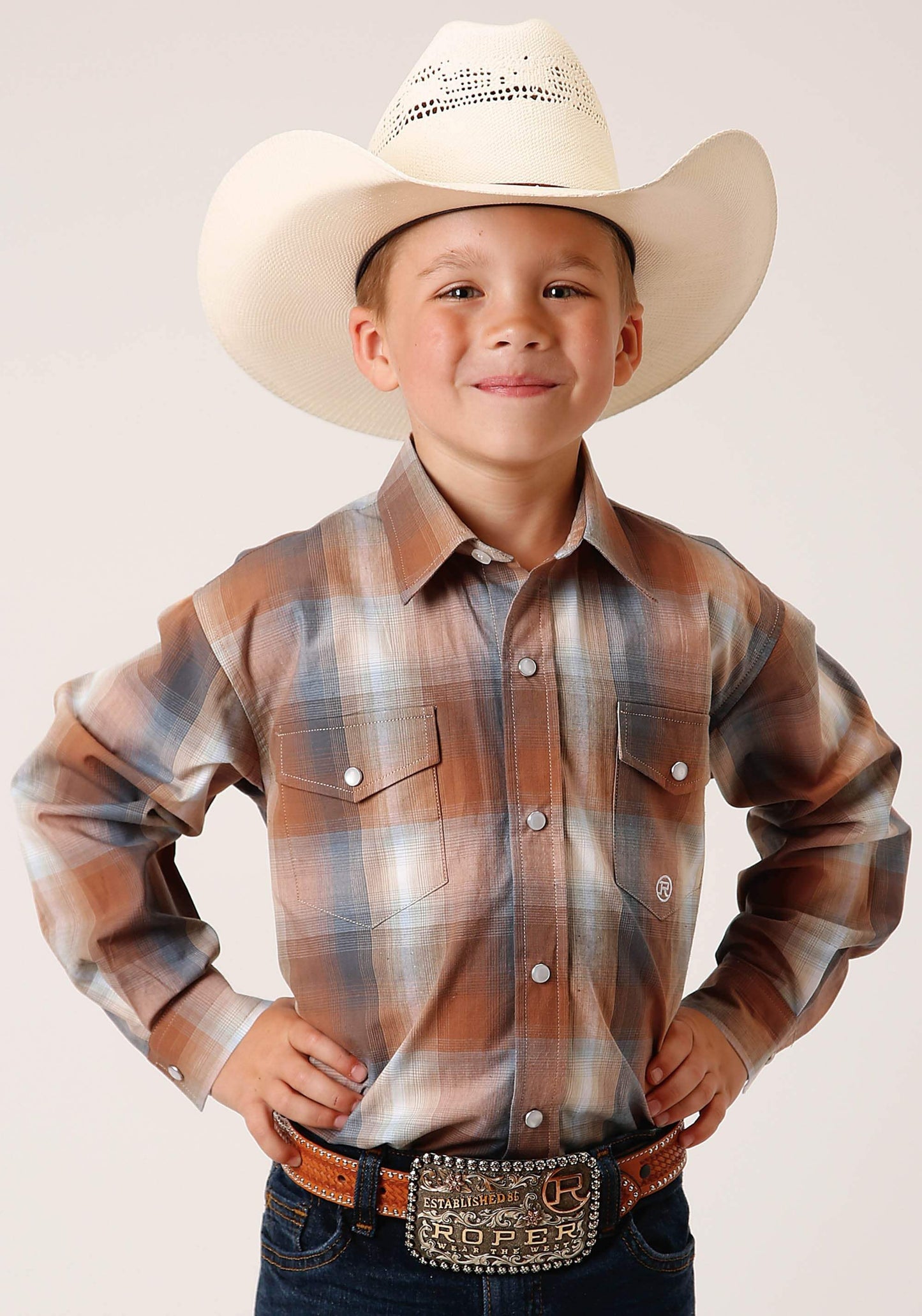 Roper Boys Long Sleeve Snap Copper Ombre Plaid Western Shirt - Roper - Flyclothing LLC