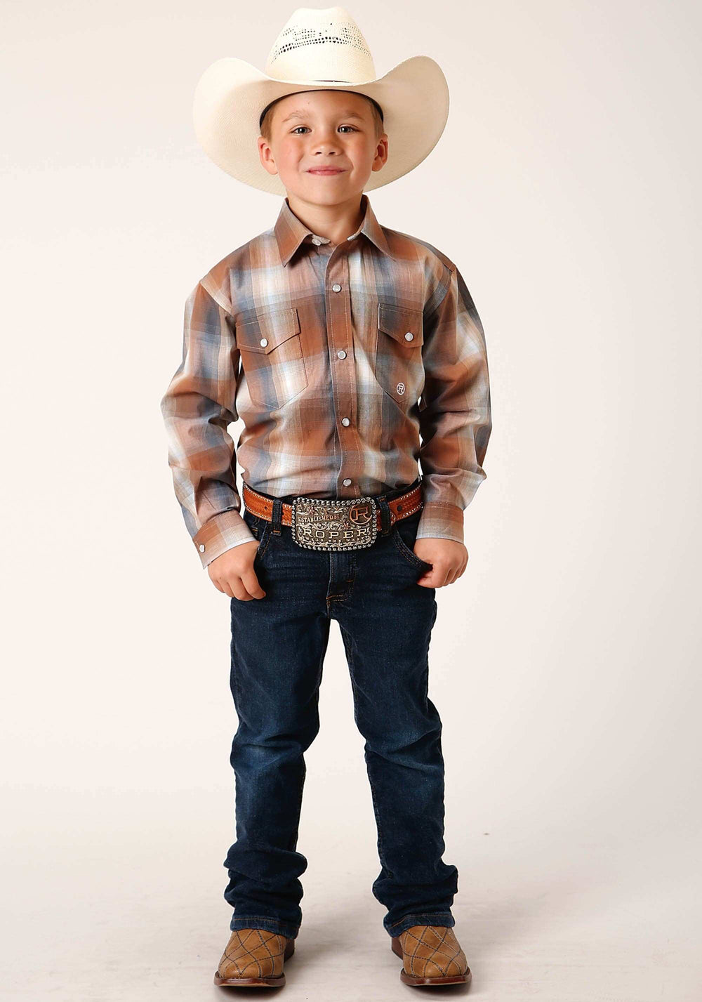 Roper Boys Long Sleeve Snap Copper Ombre Plaid Western Shirt - Roper - Flyclothing LLC