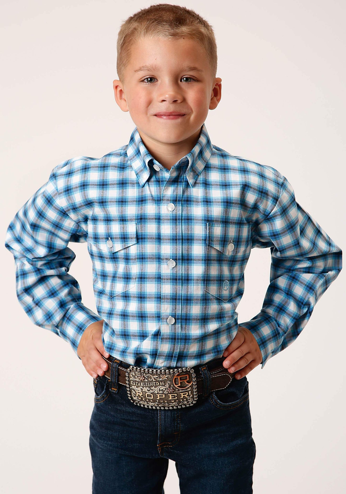 Roper Boys Long Sleeve Snap New Stretch Check Blue Western Shirt - Roper - Flyclothing LLC