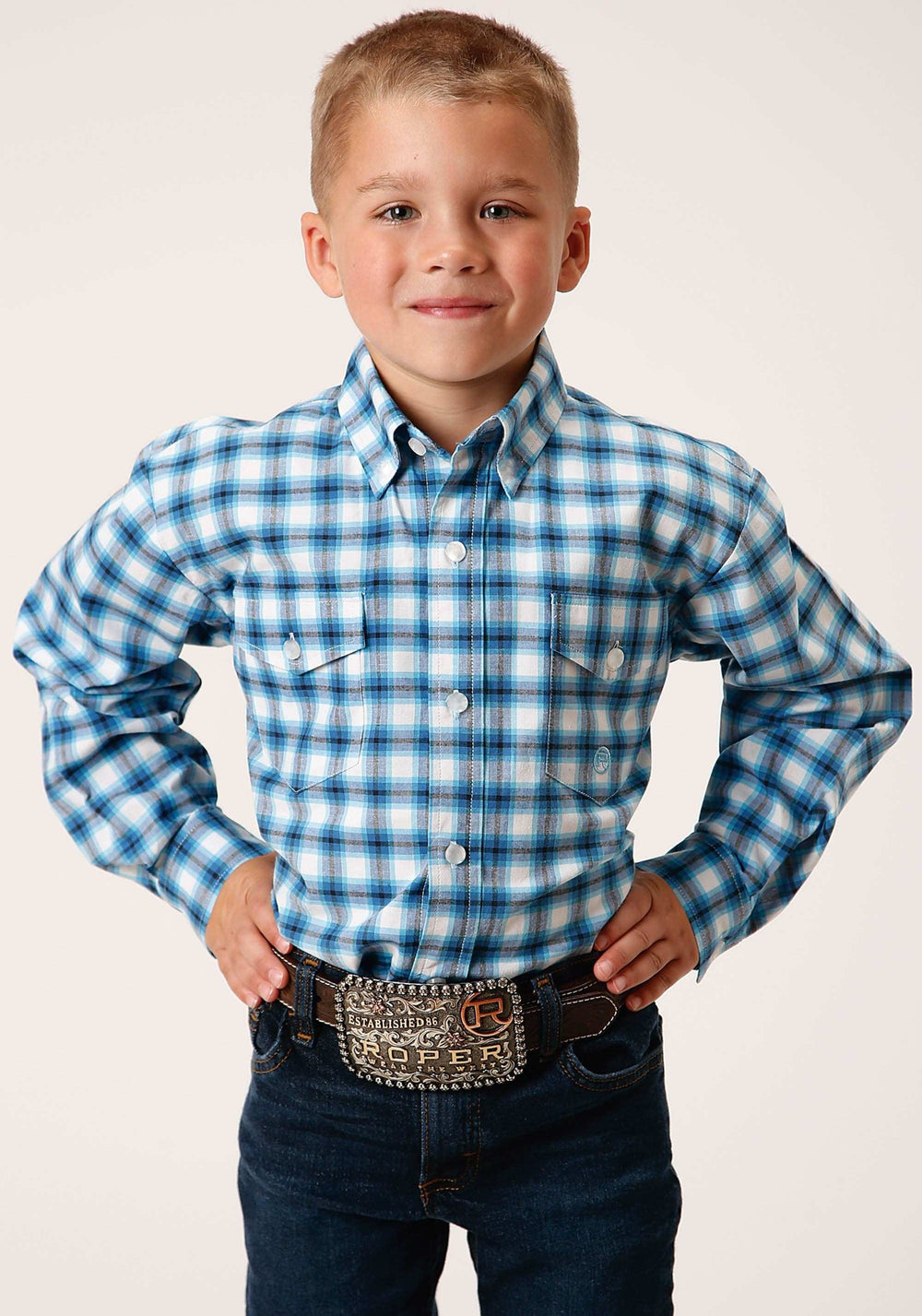 Roper Boys Long Sleeve Snap New Stretch Check Blue Western Shirt - Roper - Flyclothing LLC