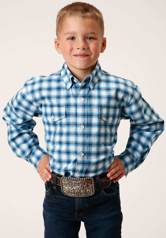 Roper Boys Long Sleeve Snap New Stretch Check Blue Western Shirt - Roper - Flyclothing LLC