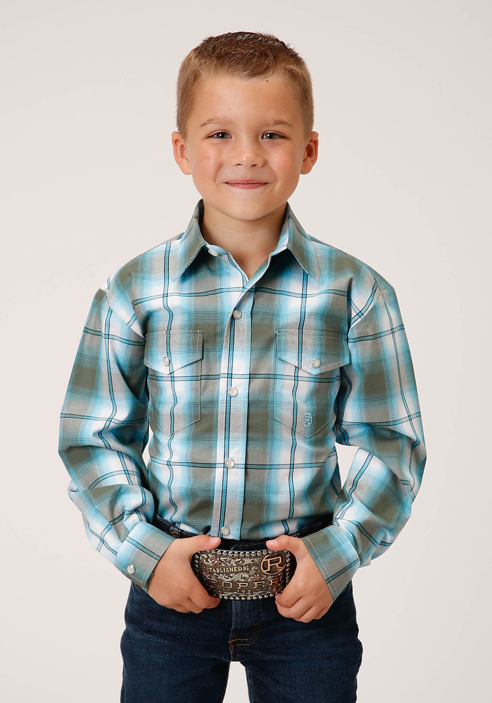 Roper Boys Long Sleeve Snap Meadow Plaid Western Shirt - Roper