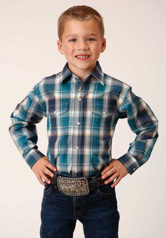 Roper Boys Long Sleeve Snap Blueberry Plaid Western Shirt - Roper