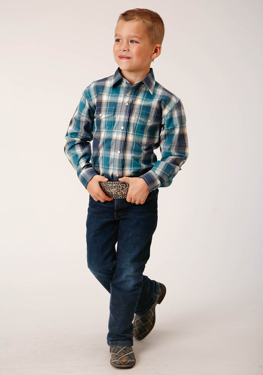 Roper Boys Long Sleeve Snap Blueberry Plaid Western Shirt - Roper