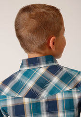 Roper Boys Long Sleeve Snap Blueberry Plaid Western Shirt