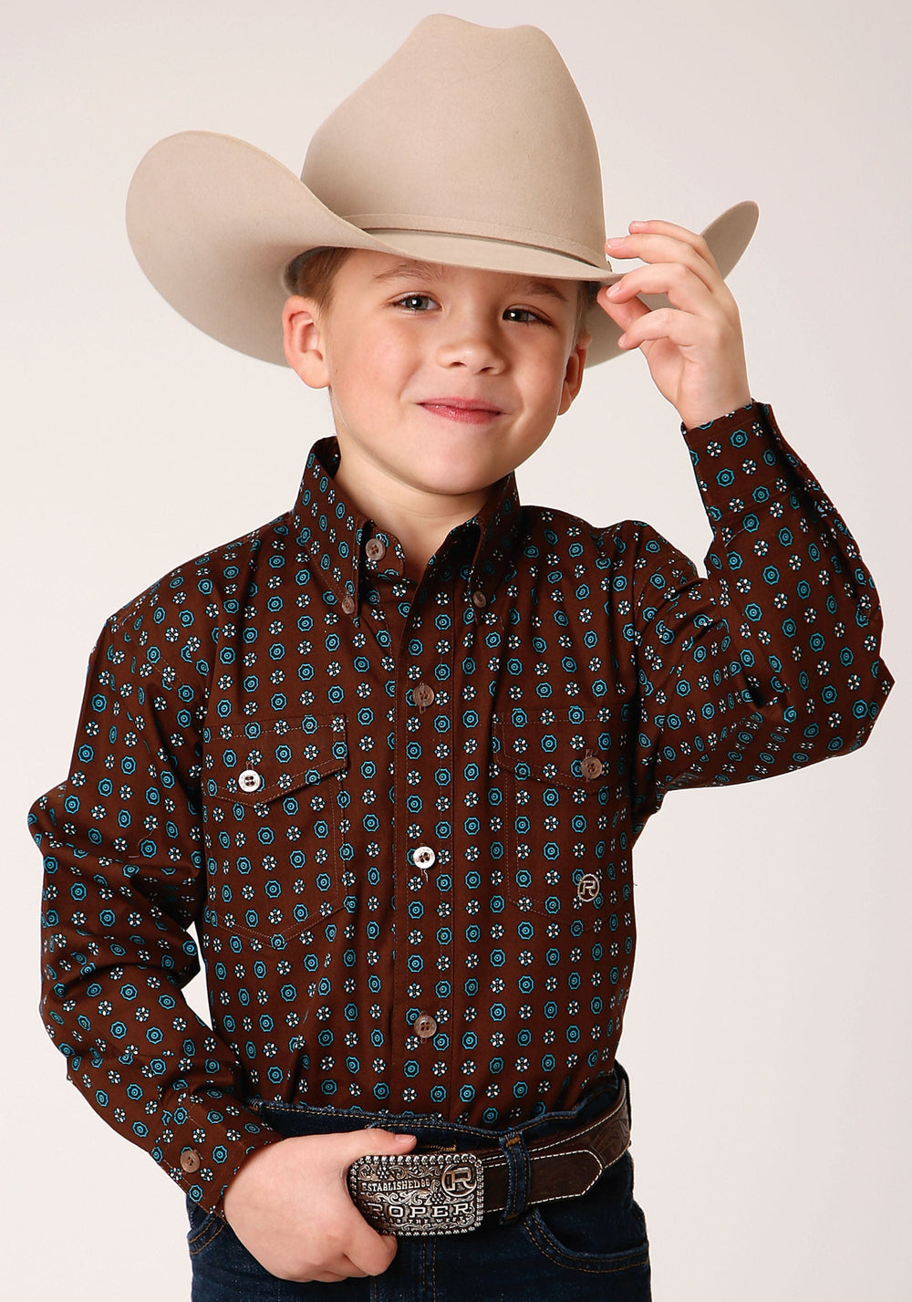 Roper Boys Long Sleeve Button Chocolate Agave Foulard Western Shirt - Roper