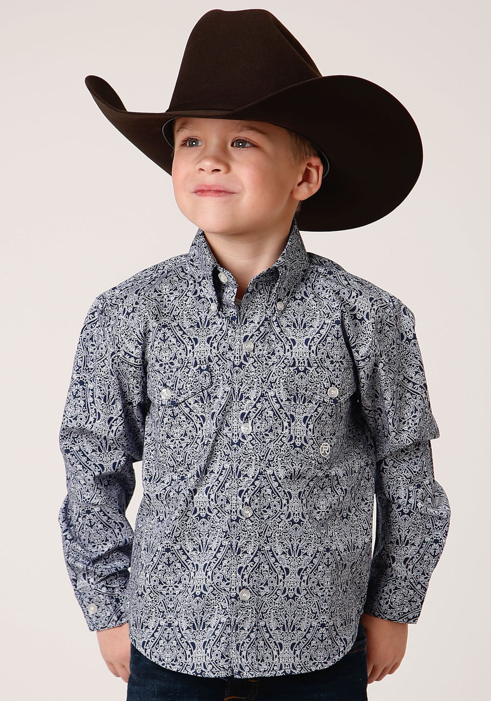 Roper Boys Long Sleeve Button Crystal Medallion Western Shirt - Roper