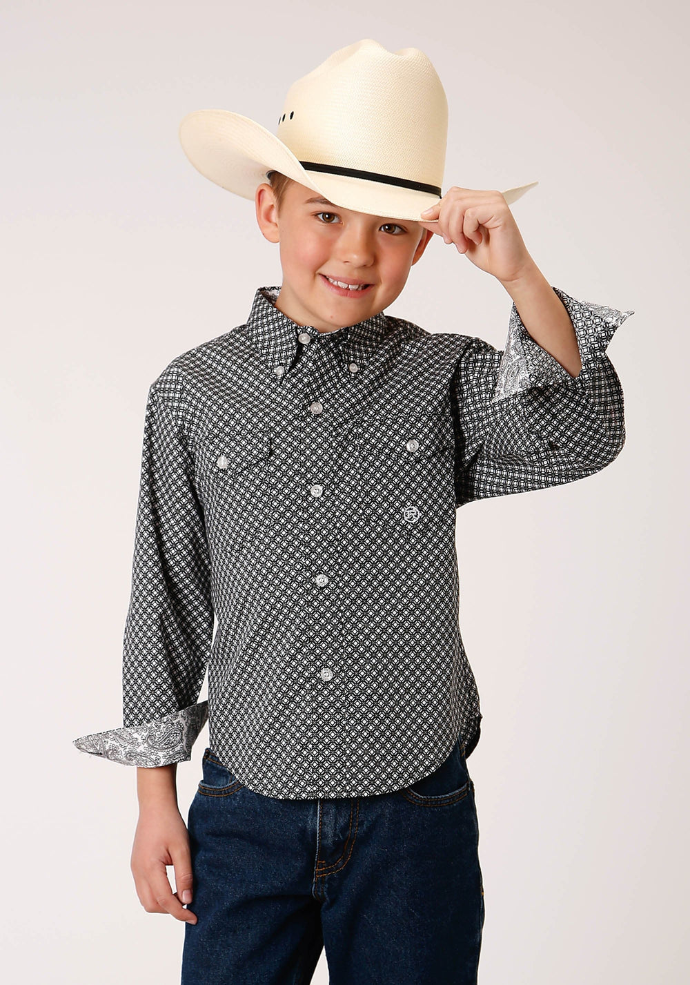 Roper Boys Long Sleeve Button Diamond Star Geo Western Shirt - Roper