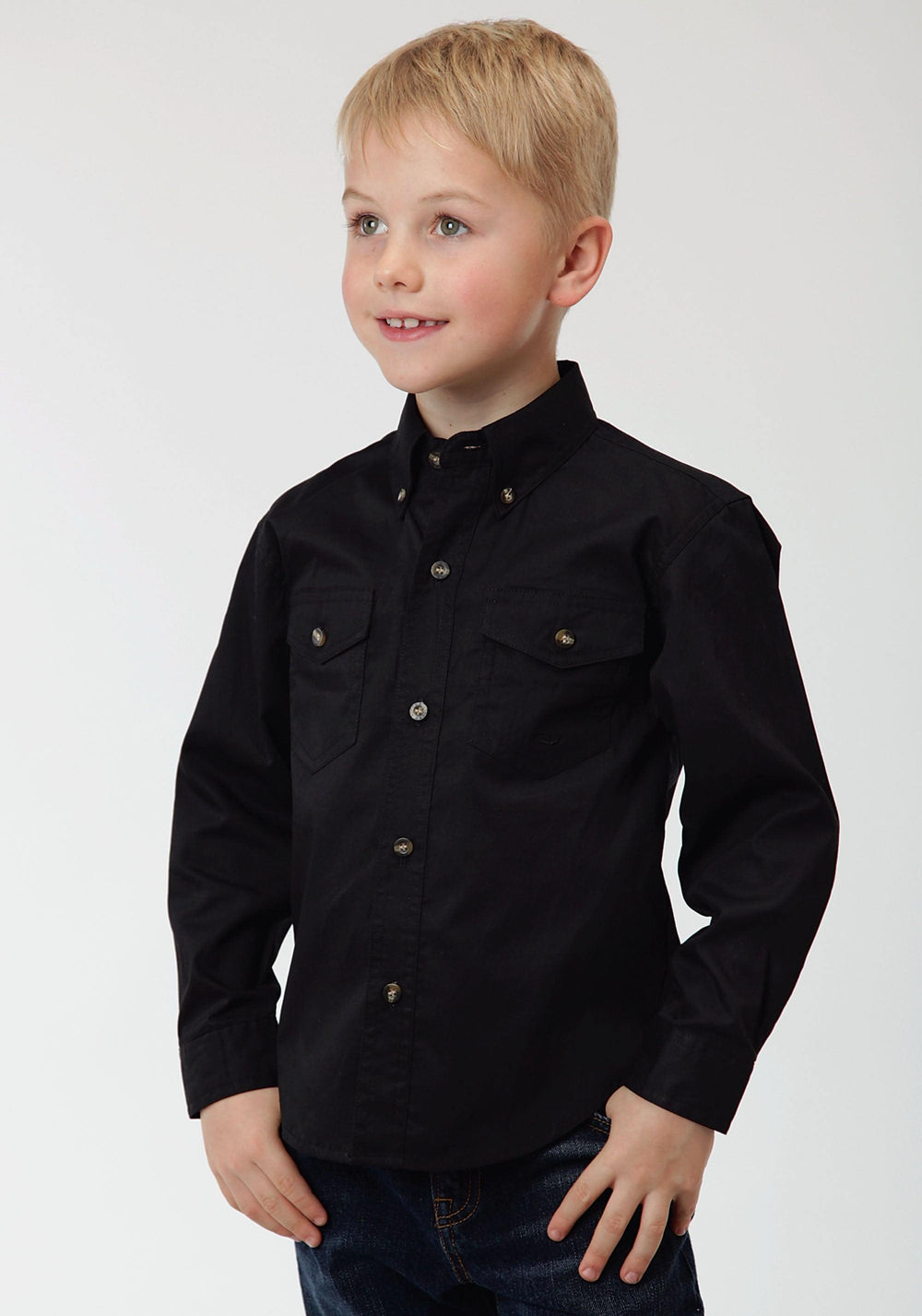 Roper Boys Black Solid Long Sleeve Western Button Shirt - Roper
