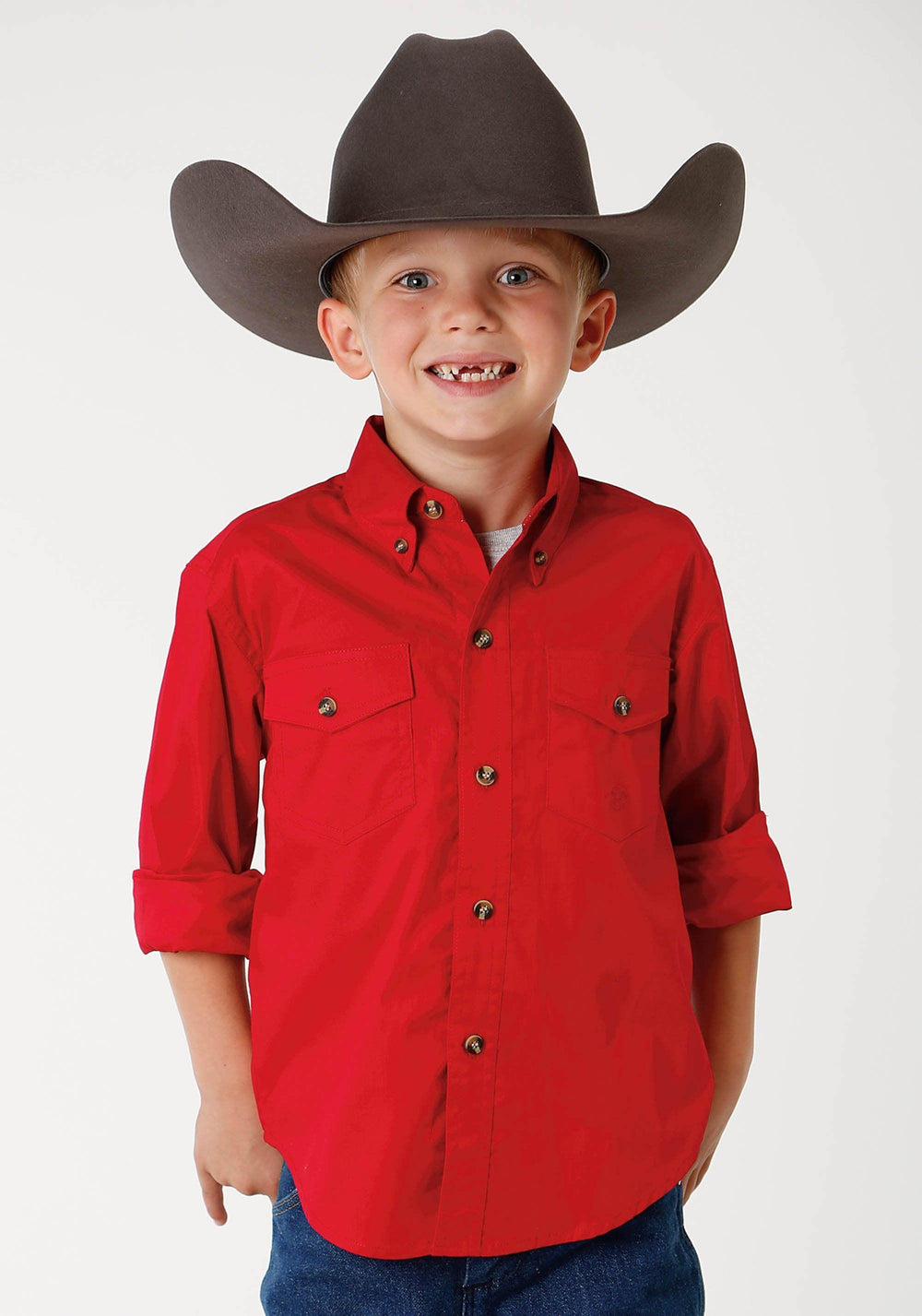 ROPER BOYS ROPER MENS RED SOLID LONG SLEEVE WESTERN BUTTON SHIRT - Roper