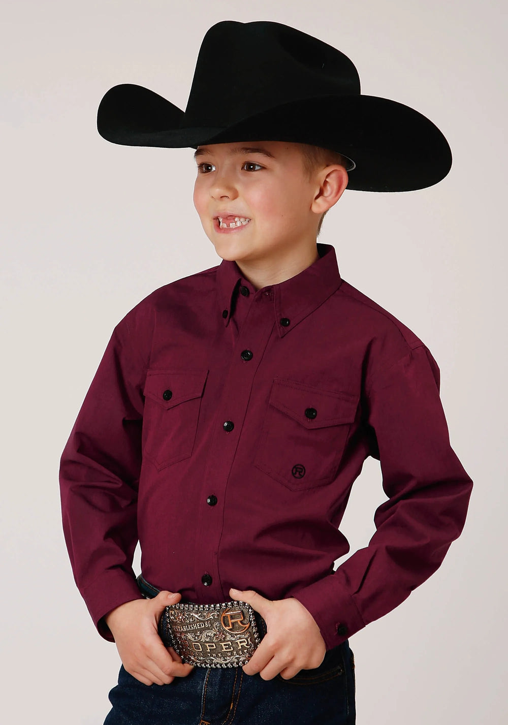 Roper Boys Long Sleeve Button Solid Black Fill Wine Western Shirt - Roper