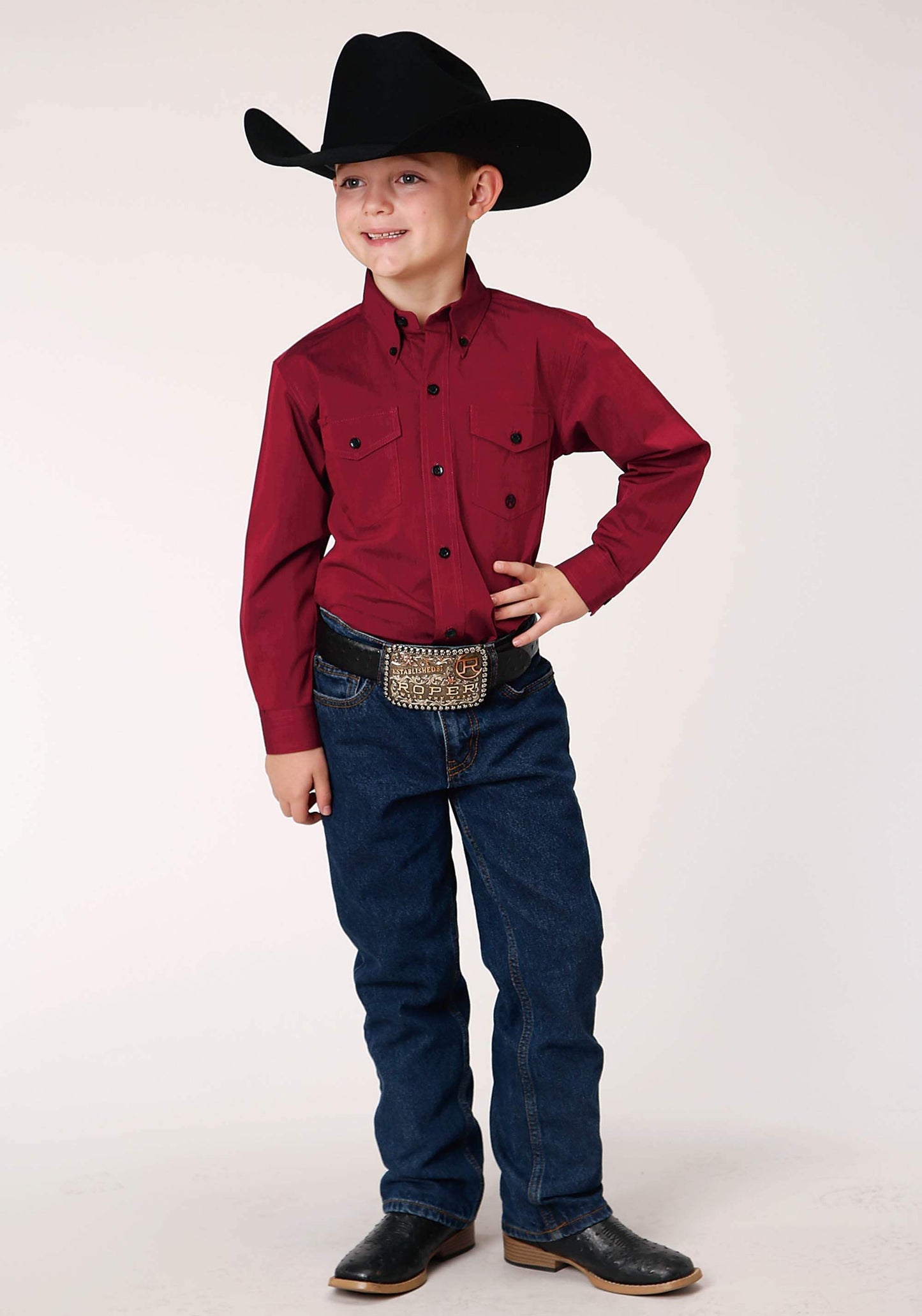 Roper Boys Long Sleeve Button Black Fill Solid Red Western Shirt - Roper - Flyclothing LLC