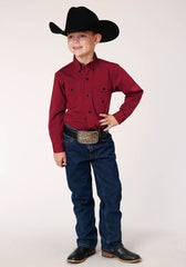 Roper Boys Long Sleeve Button Black Fill Solid Red Western Shirt