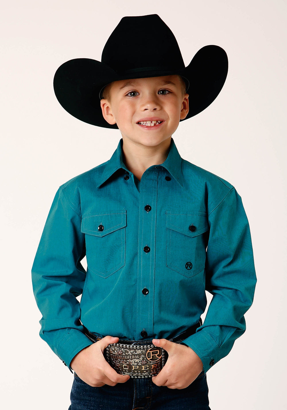 Roper Boys Long Sleeve Button Black Fill Solid Teal Western Shirt - Roper