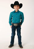 Roper Boys Long Sleeve Button Black Fill Solid Teal Western Shirt - Roper