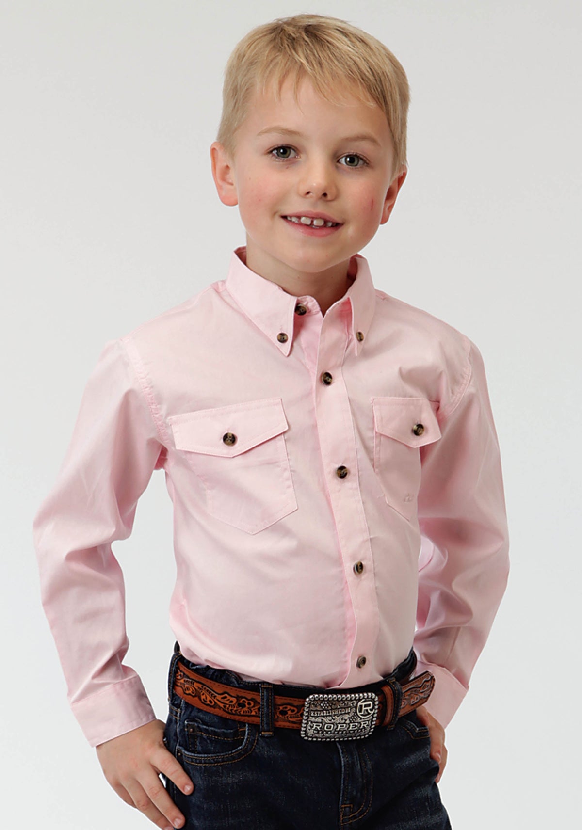 Roper Boys Pink Solid Long Sleeve Western Button Snap Shirt