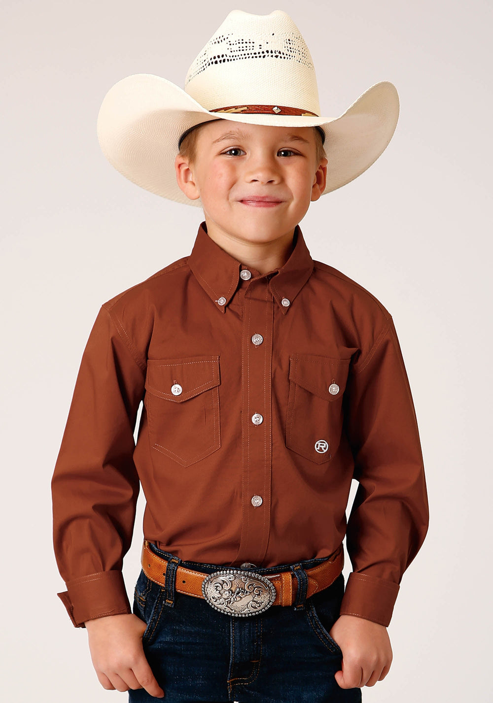 Roper Boys Long Sleeve Button Solid Poplin Stretch Orange Western Shirt - Roper