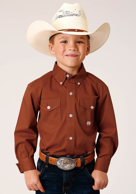 Roper Boys Long Sleeve Button Solid Poplin Stretch Orange Western Shirt
