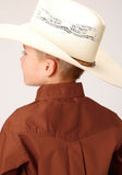 Roper Boys Long Sleeve Button Solid Poplin Stretch Orange Western Shirt - Roper
