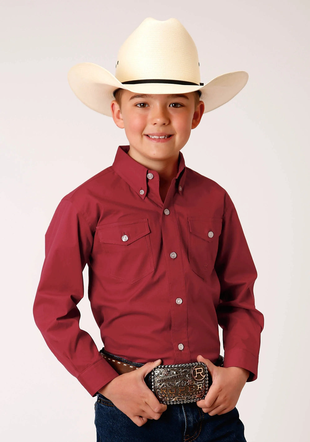 Roper Boys Long Sleeve Button Stretch Poplin Red Western Shirt - Roper