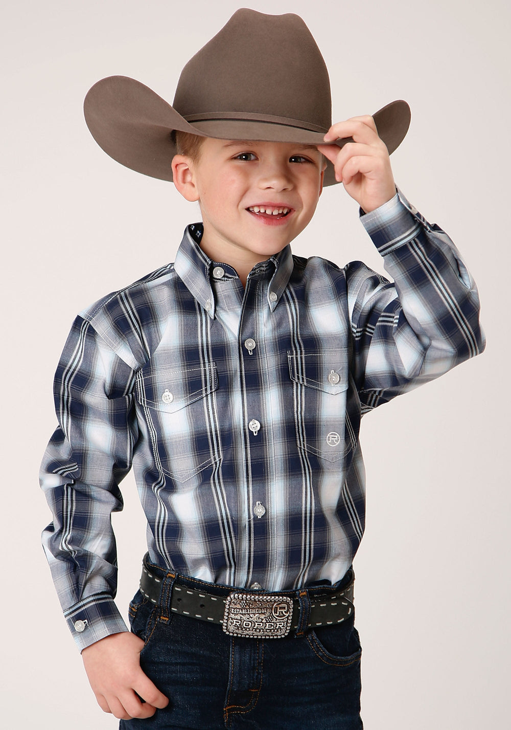 Roper Boys Long Sleeve Button Blue West Plaid Western Shirt - Roper