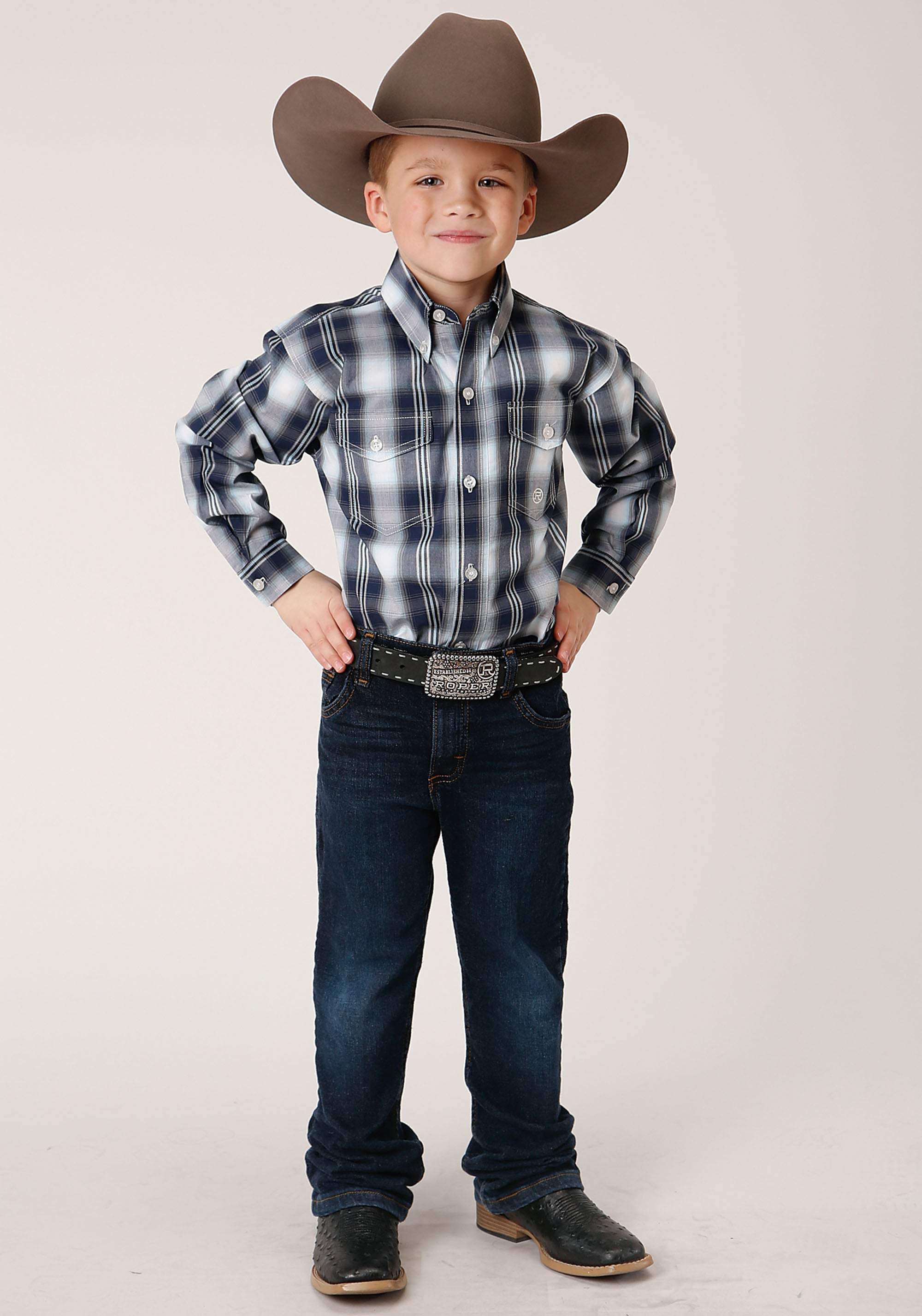 Roper Boys Long Sleeve Button Blue West Plaid Western Shirt - Roper - Flyclothing LLC