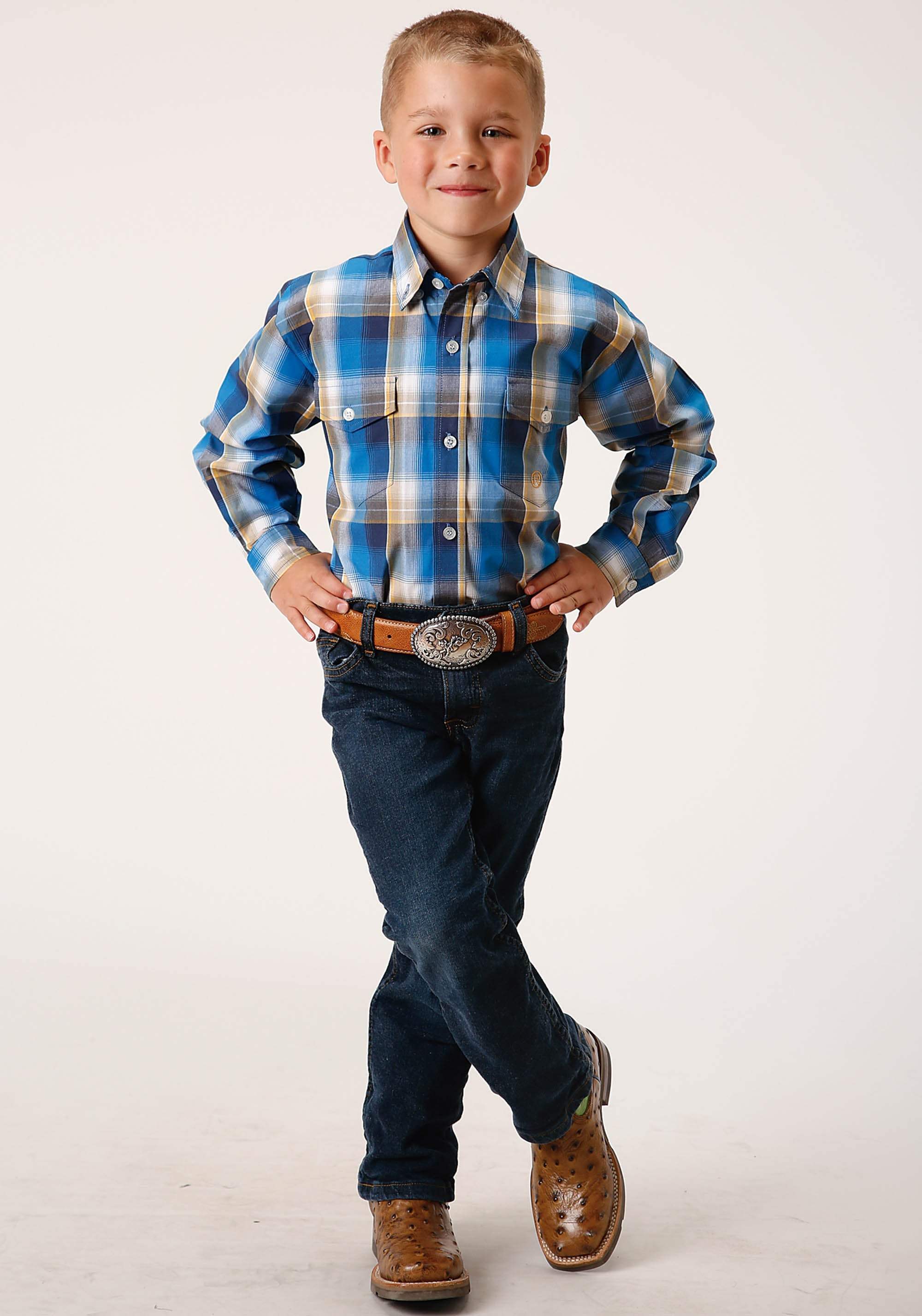 Roper Boys Long Sleeve Button Clear Sky Plaid Western Shirt - Roper - Flyclothing LLC