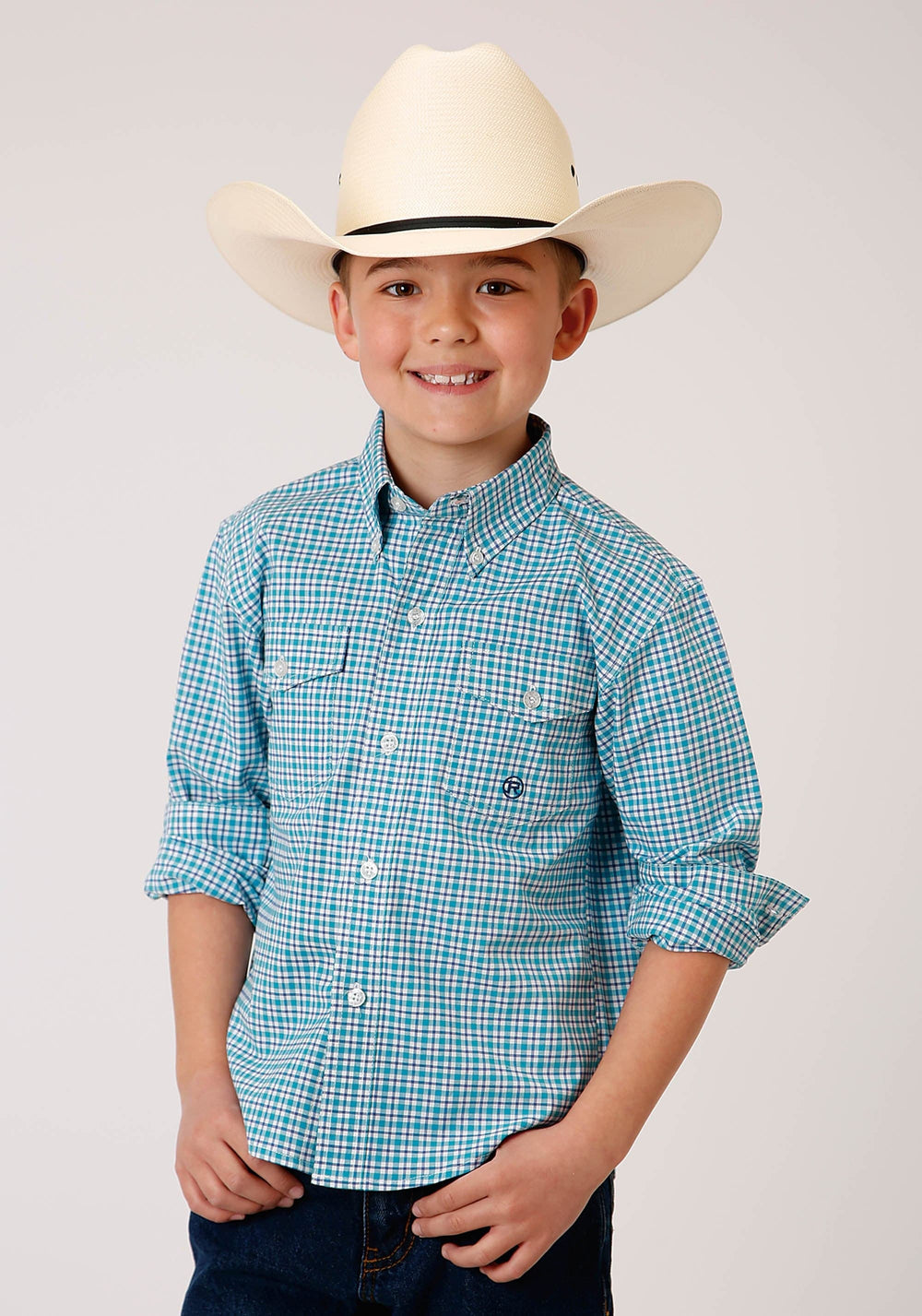Roper Boys Long Sleeve Button Stretch Check Western Shirt - Roper
