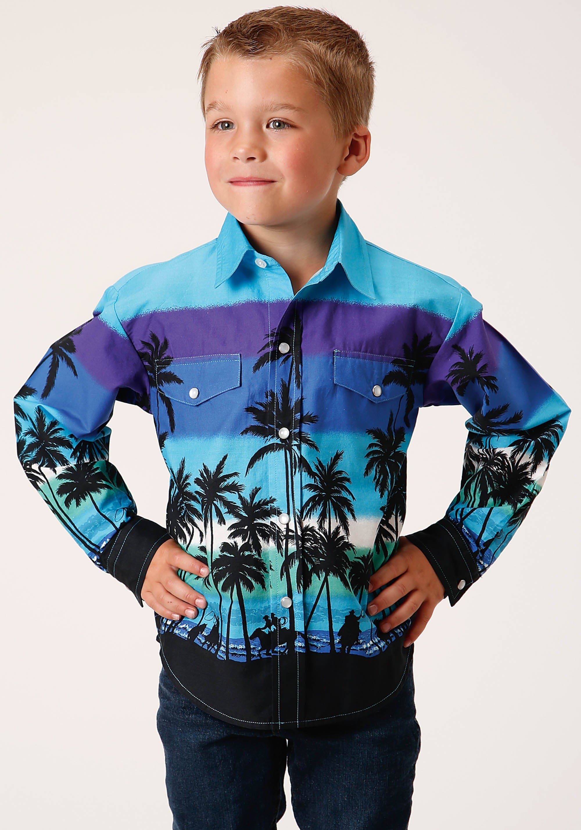 Roper Boys Long Sleeve Snap Beach Roundup Border Western Shirt - Roper