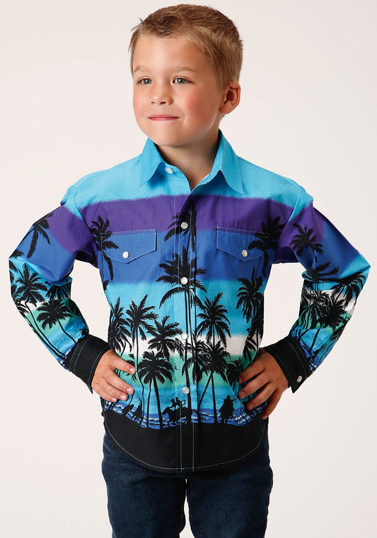 Roper Boys Long Sleeve Snap Beach Roundup Border Western Shirt - Roper