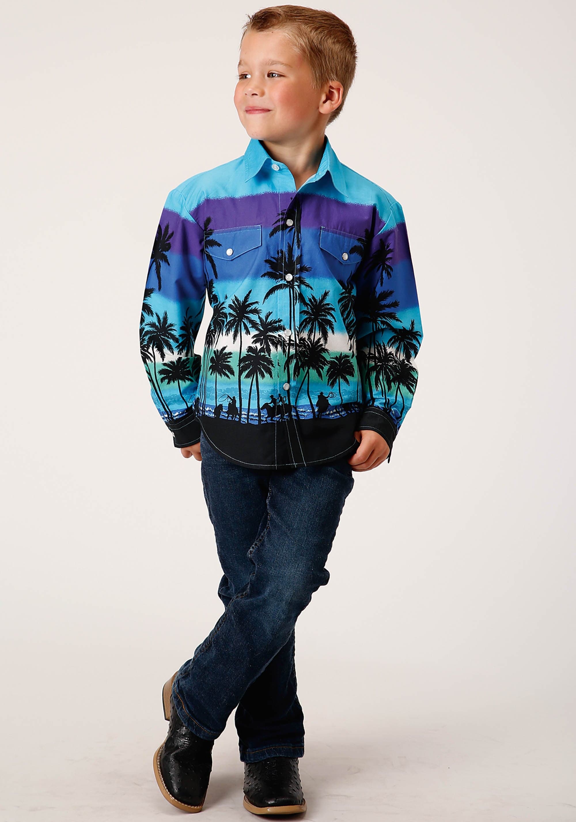 Roper Boys Long Sleeve Snap Beach Roundup Border Western Shirt - Roper