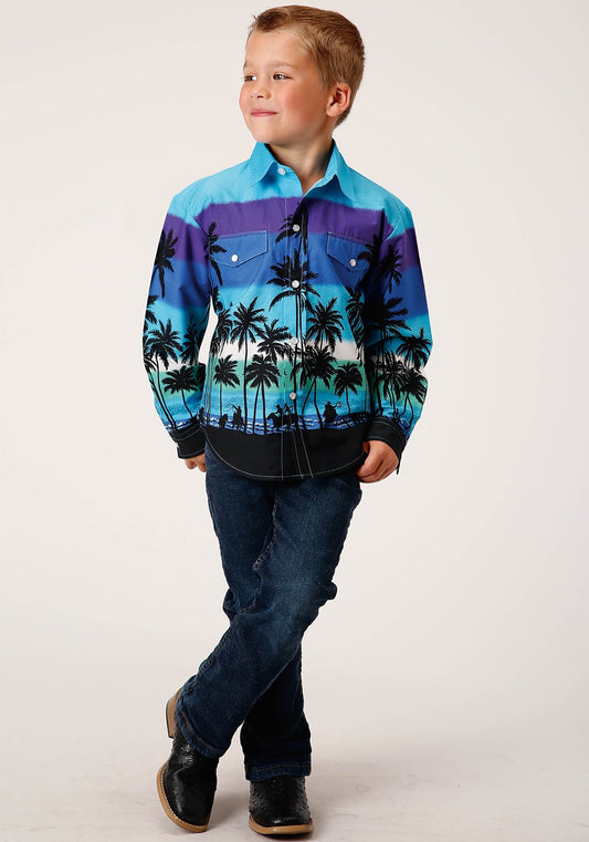 Roper Boys Long Sleeve Snap Beach Roundup Border Western Shirt - Roper