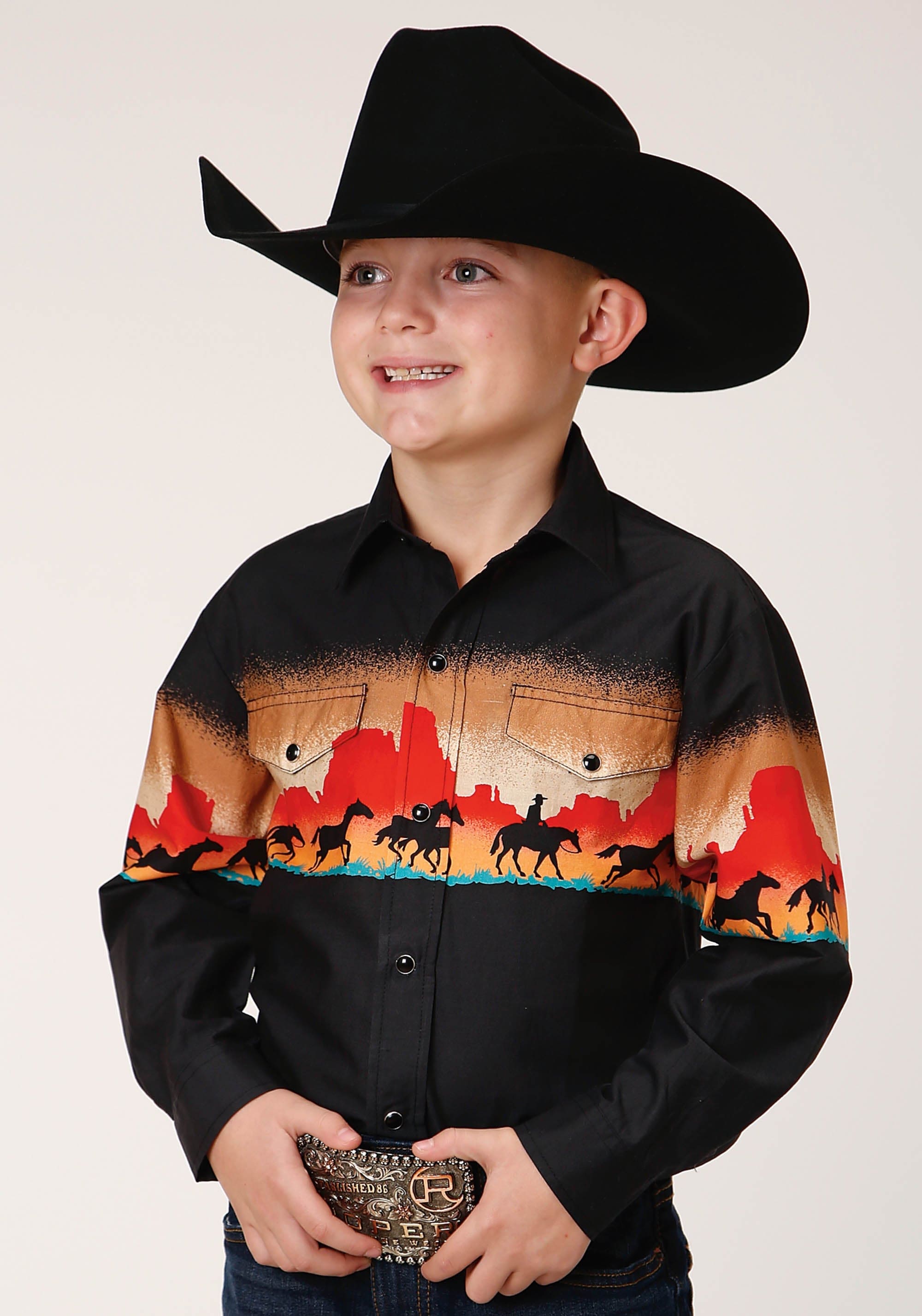 Roper Boys Long Sleeve Snap Red Mesa Border Scenic Western Shirt - Roper