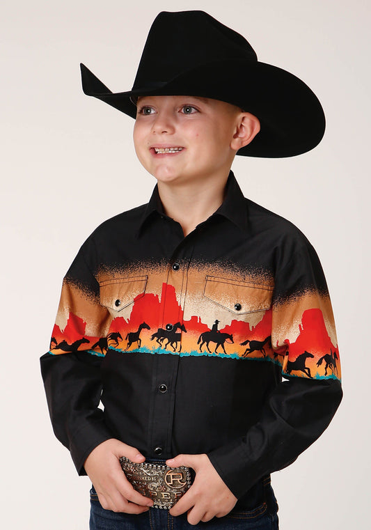 Roper Boys Long Sleeve Snap Red Mesa Border Scenic Western Shirt - Roper