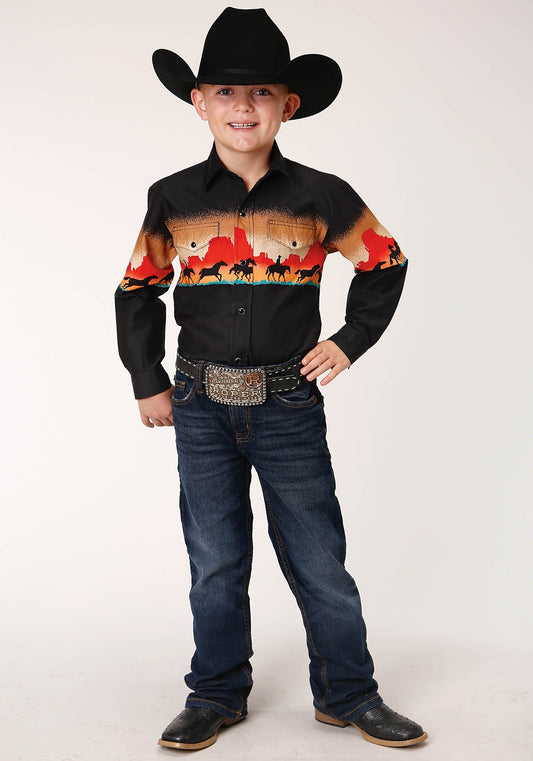 Roper Boys Long Sleeve Snap Red Mesa Border Scenic Western Shirt - Roper