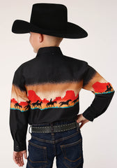Roper Boys Long Sleeve Snap Red Mesa Border Scenic Western Shirt - Roper